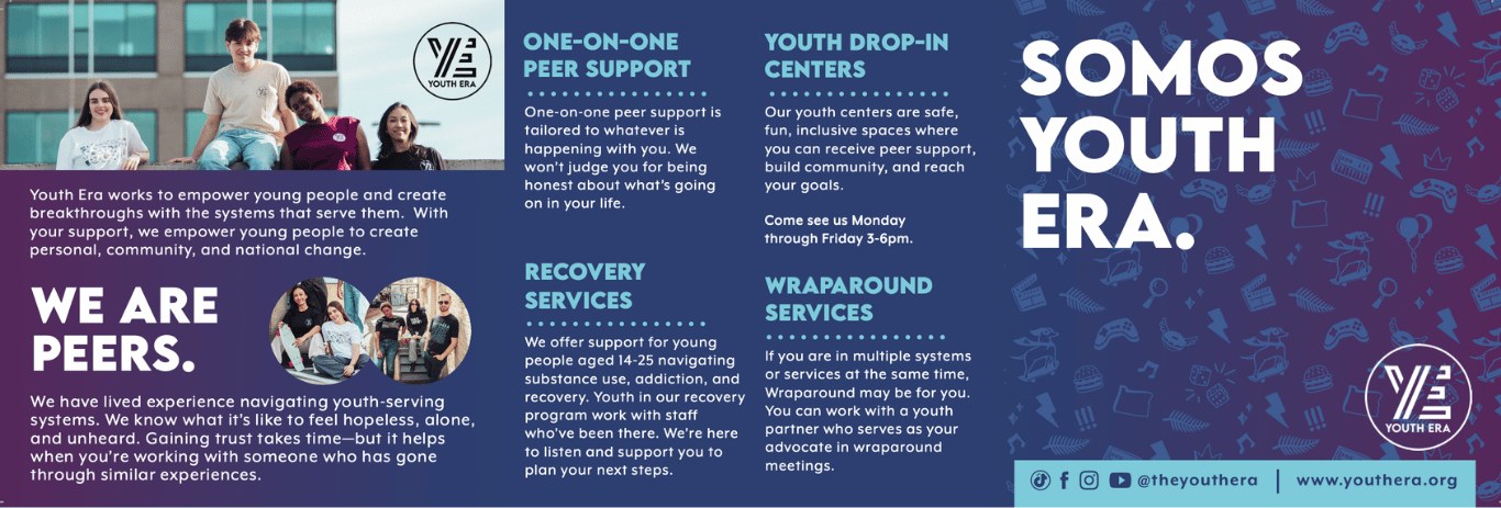 Bilingual trifold brochure, English side, with sections on peer support, recovery services, youth drop-in centers, and wraparound services