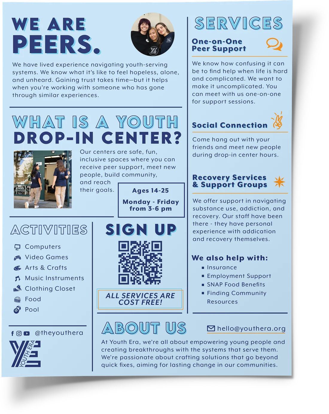 Youth drop-in center flyer titled We Are Peers, listing services, activities, hours, and a sign-up QR code