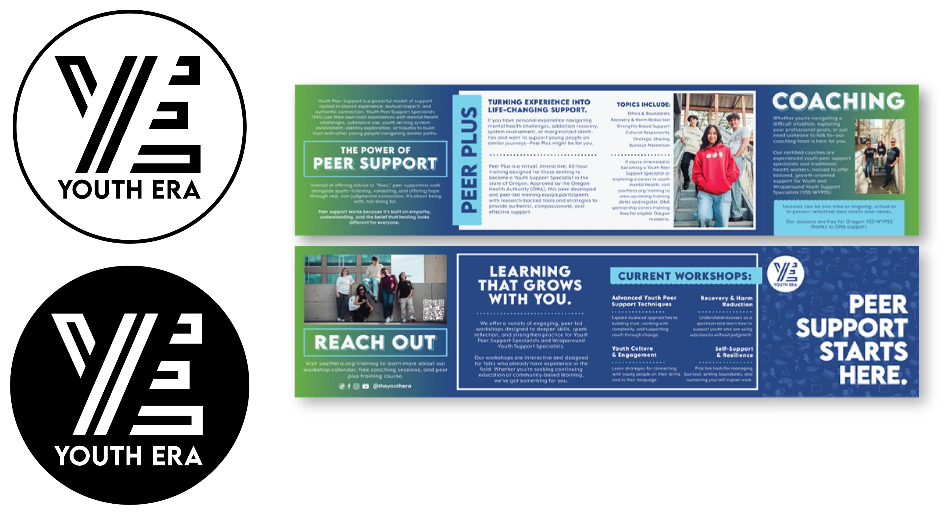The unified Youth Era logo in black and white versions beside the outside and inside of the peer support training brochure